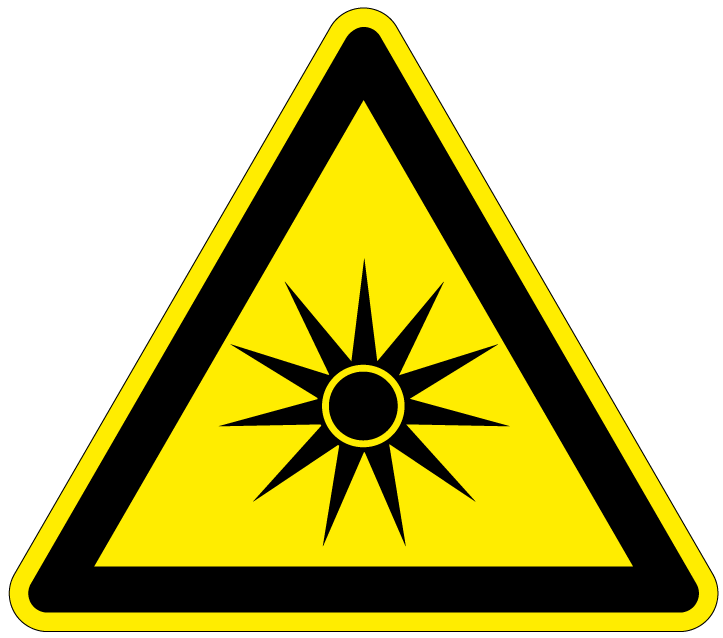 pictogram optische straling, geel zwart, driehoek, iso 7010, w027, sterretje